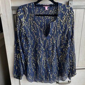 Lilly Pulitzer Navy Gold Sheer Metallic Jacquard Top (M)